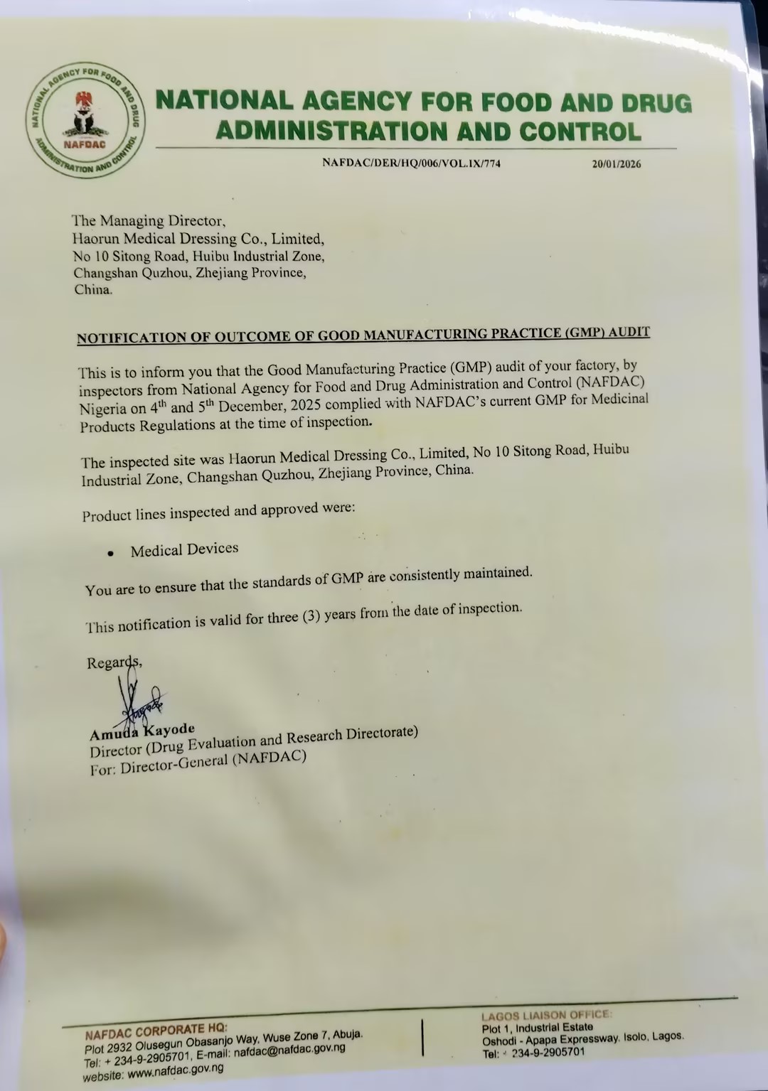 Ang Haorun Medical Products ay Opisyal na Nakatanggap ng NAFDAC Registration Certification sa Nigeria